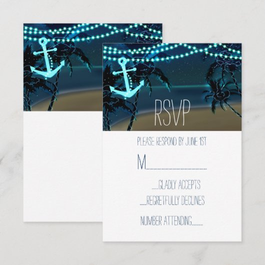 Anker & Palm Trees Strand Nacht Bruiloft RSVP Kaar (Voorkant / Achterkant)