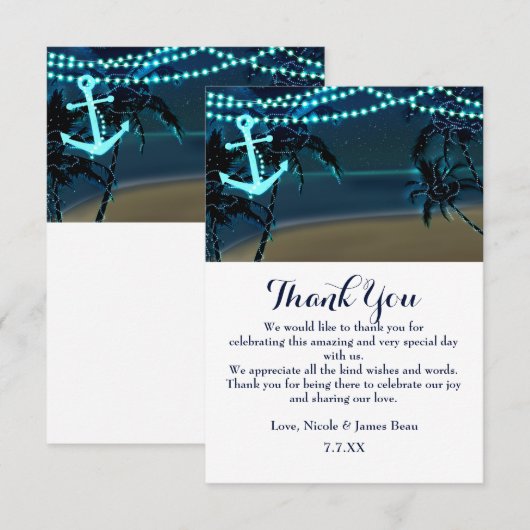 Anker & Palmboom Strand Nacht Trouw Dankjewel Kaart (Voorkant / Achterkant)