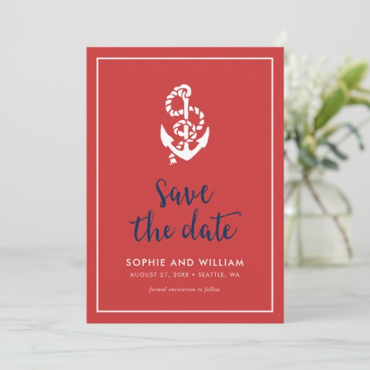 Anker Rood en Blauw Script Save the Date (Staand voorkant)