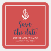 Anker Rood en Blauw Script Save the Date Vierkante Sticker (Voorkant)