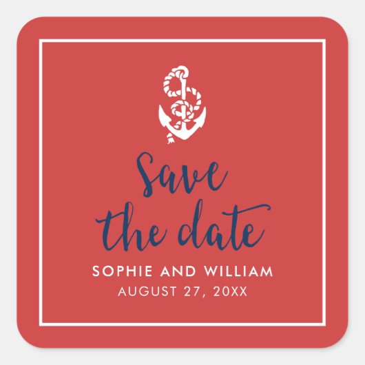 Anker Rood en Blauw Script Save the Date Vierkante Sticker (Voorkant)