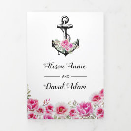 Anker roze bloemen maritieme trouw drieluik uitnodiging
