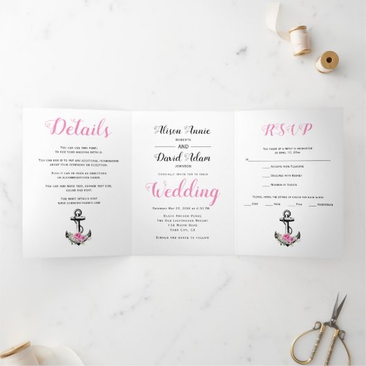  anker roze bloemen nautisch huwelijk drieluik uitnodiging (Binnen)