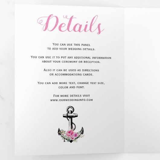  anker roze bloemen nautisch huwelijk drieluik uitnodiging (Binnenzijde eerst)