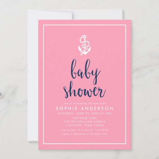 Anker Roze en Blauw Script Baby shower Kaart (Voorkant)