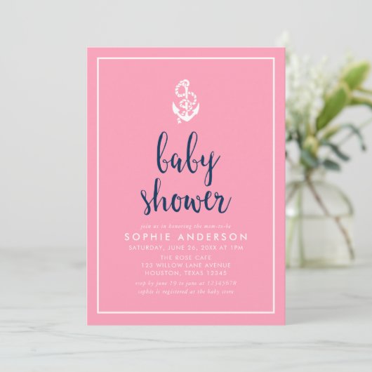 Anker Roze en Blauw Script Baby shower Kaart (Staand voorkant)