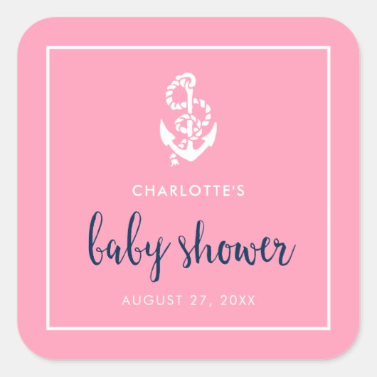 Anker Roze en Blauw Script Baby shower Vierkante Sticker (Voorkant)