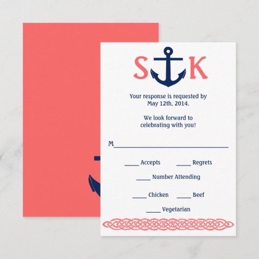 Anker RSVP kaart voor zeilbruiloft in marineblauw (Voorkant / Achterkant)