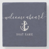 Anker Scheepsnaam Marineblauw Welkom Aan Boord Stenen Onderzetter (Voorkant)