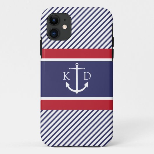 Anker & Scheepsstrepen & Monogram Navy & Rood Case-Mate iPhone Case (Achterkant)