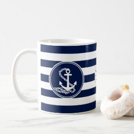 Anker, scheepswiel blauw en wit gestreept koffiemok