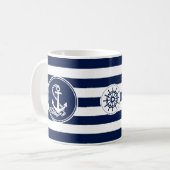 Anker, scheepswiel blauw en wit gestreept koffiemok (Voorkant links)