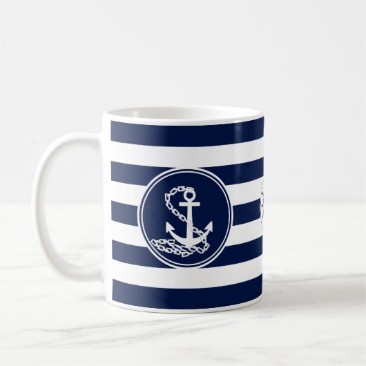 Anker, scheepswiel blauw en wit gestreept koffiemok (Links)