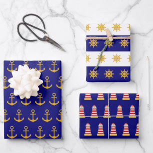 Anker & scheepswiel patroon op marineblauw inpakpapier vel