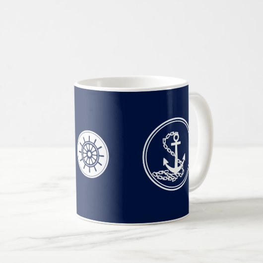 Anker, scheepswielblauw en witte maritieme stijl koffiemok (Voorkant rechts)