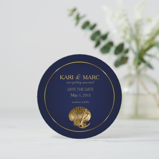 Anker Schelp Save the Date | marine & goud Kaart (Staand voorkant)