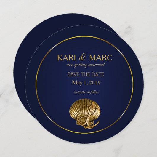 Anker Schelp Save the Date | marineblauw & goud Kaart (Voorkant / Achterkant)