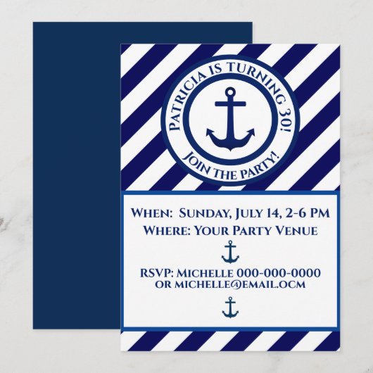Anker Stempel & Diagonal Stripe Birthday Uitnodigi Kaart (Voorkant / Achterkant)