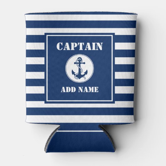 Anker & Touw Kapitein Naam Bootnaam Blauwe Streep Blikjeskoeler (Voorkant)