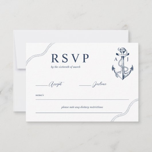 Anker & Touw Nautisch Monogram Marine & Wit RSVP Kaartje (Voorkant)