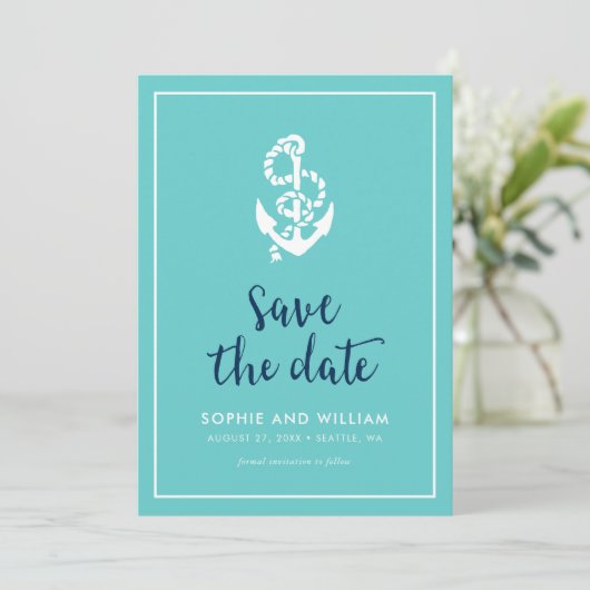 Anker Turquoise en Blauwe Schriftelijke Kennisgevi Save The Date (Staand voorkant)