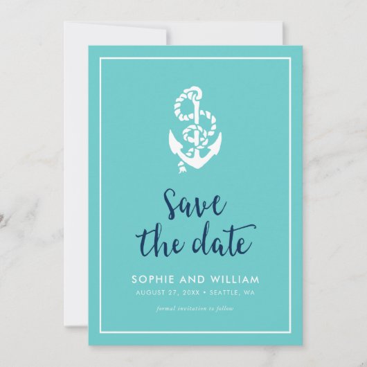 Anker Turquoise en Blauwe Script Bewaar de Datum Save The Date (Voorkant)