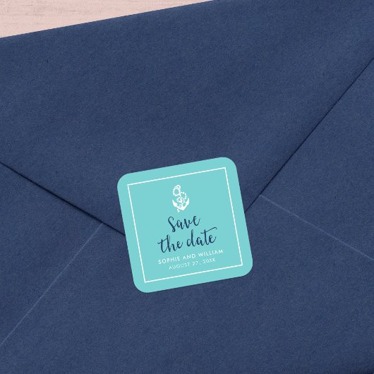 Anker Turquoise en Blauwe Script Bewaar de Datum Vierkante Sticker