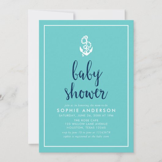 Anker Turquoise en Blue Script Baby shower Kaart (Voorkant)