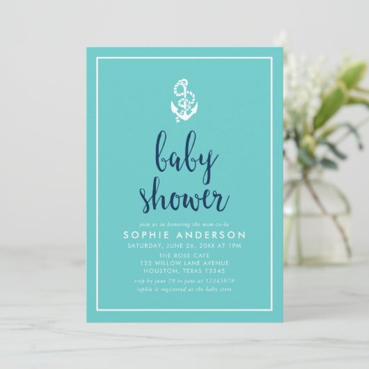 Anker Turquoise en Blue Script Baby shower Kaart (Staand voorkant)