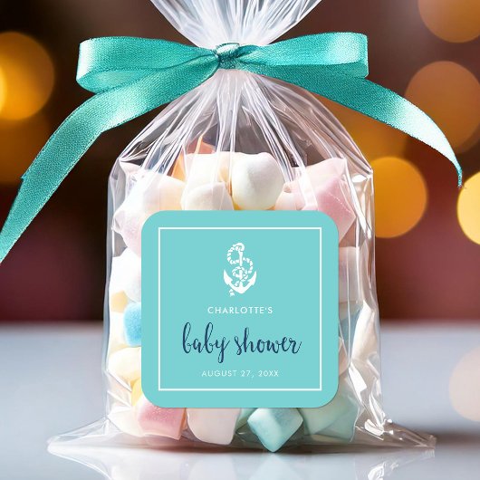 Anker Turquoise en Blue Script Baby shower Vierkante Sticker