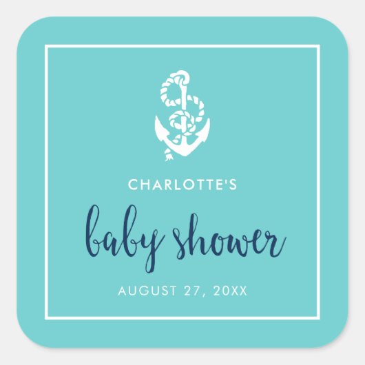 Anker Turquoise en Blue Script Baby shower Vierkante Sticker (Voorkant)