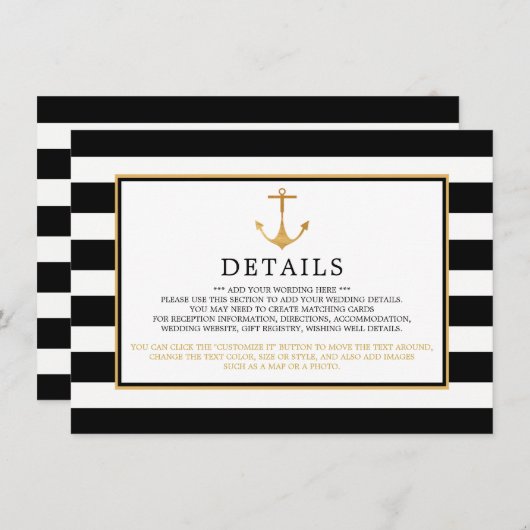 Anker van nautisch goud, detail van zwart & goud v informatiekaartje (Voorkant / Achterkant)