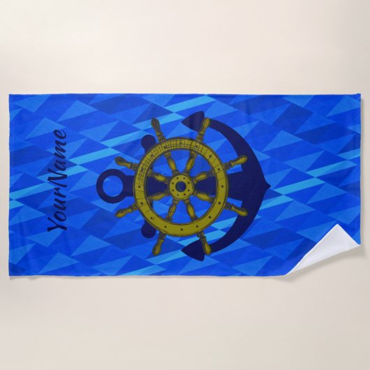 Anker & wiel op water, naam licht donkerblauw toev strandlaken (Voorkant)