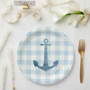 Anker Zeilboot Nautisch Blauw Gingham Check Papieren Bordje