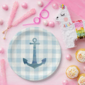 Anker Zeilboot Nautisch Blauw Gingham Check Papieren Bordje (Feest)