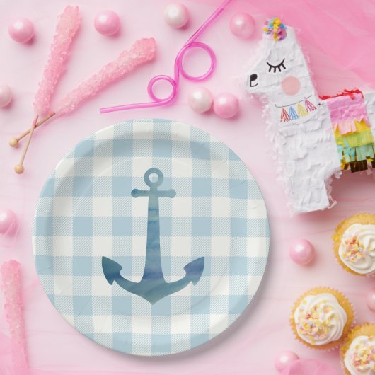 Anker Zeilboot Nautisch Blauw Gingham Check Papieren Bordje (Feest)