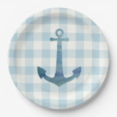 Anker Zeilboot Nautisch Blauw Gingham Check Papieren Bordje (Voorkant)