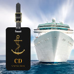 Anker zwart goud monogram naam bagagelabel<br><div class="desc">Een klassieke zwarte achtergrond. Gedorst met een faux gouden anker. Pas uw monogram initialen en volledige naam aan de voorzijde aan en voeg deze toe. Terug: voeg je contactgegevens toe.</div>