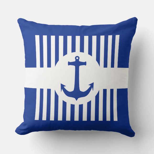 Ankerblauw & strepen + uw ideeën kussen (Voorkant)