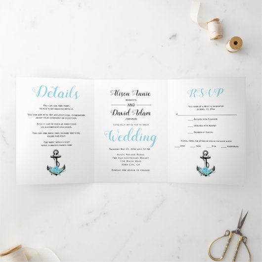 Ankerblauw waterverf bloemen nautische bruiloft drieluik uitnodiging (Binnen)