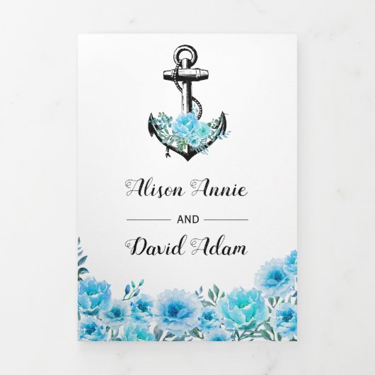 Ankerblauw waterverf bloemen nautische bruiloft drieluik uitnodiging (Cover)