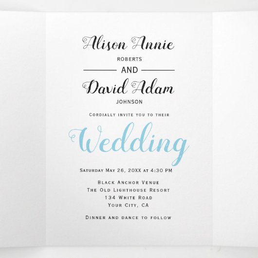 Ankerblauw waterverf bloemen nautische bruiloft drieluik uitnodiging (Binnenkant midden)