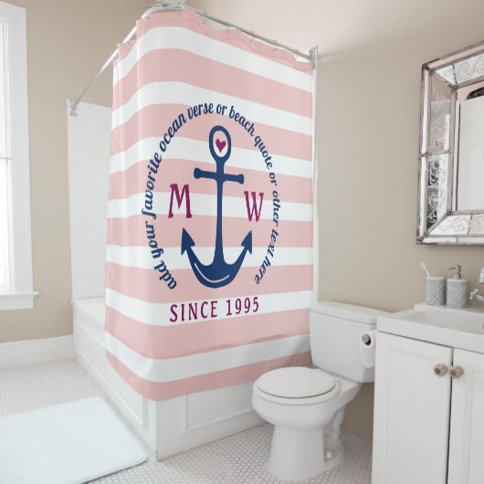 Ankerhartritmeroze strips Nautisch monogram Logo Douchegordijn (In situ)