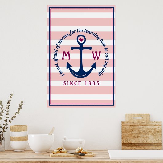 Ankerhartritmeroze strips Nautisch monogram Logo Poster (Keuken)