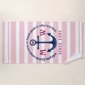 Ankerhartritmeroze strips Nautisch monogram Logo Strandlaken (Voorkant)