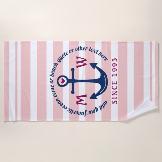 Ankerhartritmeroze strips Nautisch monogram Logo Strandlaken (Voorkant)