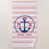 Ankerhartritmeroze strips Nautisch monogram Logo Strandlaken (Voorkant)