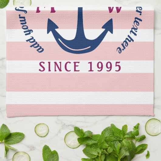 Ankerhartritmeroze strips Nautisch monogram Logo Theedoek (Gevouwen)