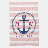 Ankerhartritmeroze strips Nautisch monogram Logo Theedoek (Verticaal)