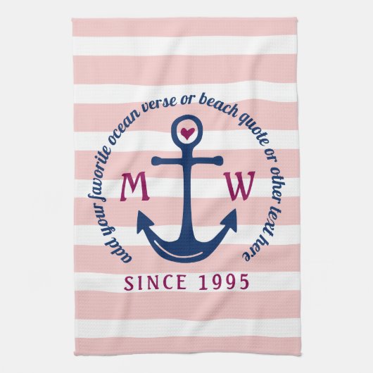 Ankerhartritmeroze strips Nautisch monogram Logo Theedoek (Verticaal)